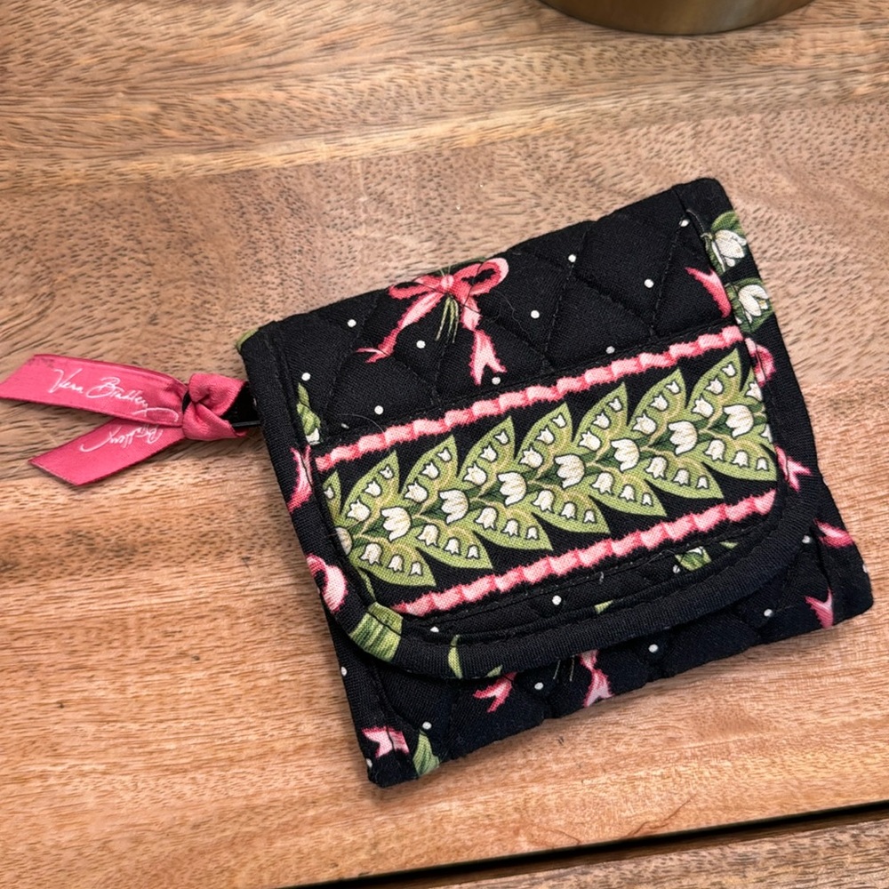 Vera Bradley wallet, black with pink and green